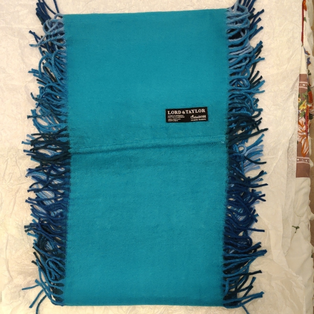Lord & Taylor Teal and Navy Fringe Scarf